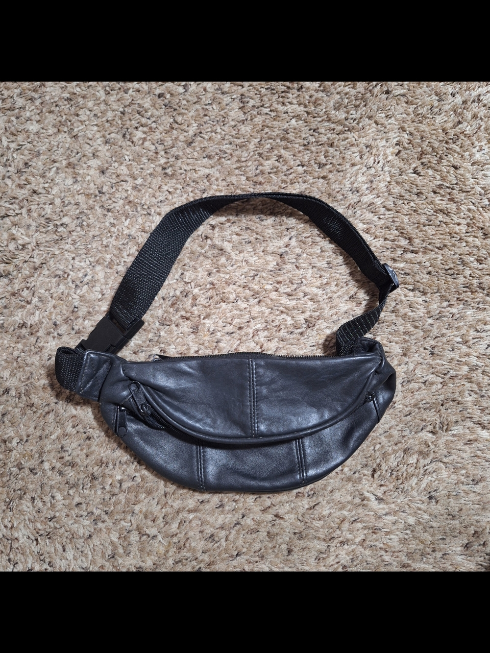 Genuine Black Leather Two-Pocket Fanny Pack/Waist Bag